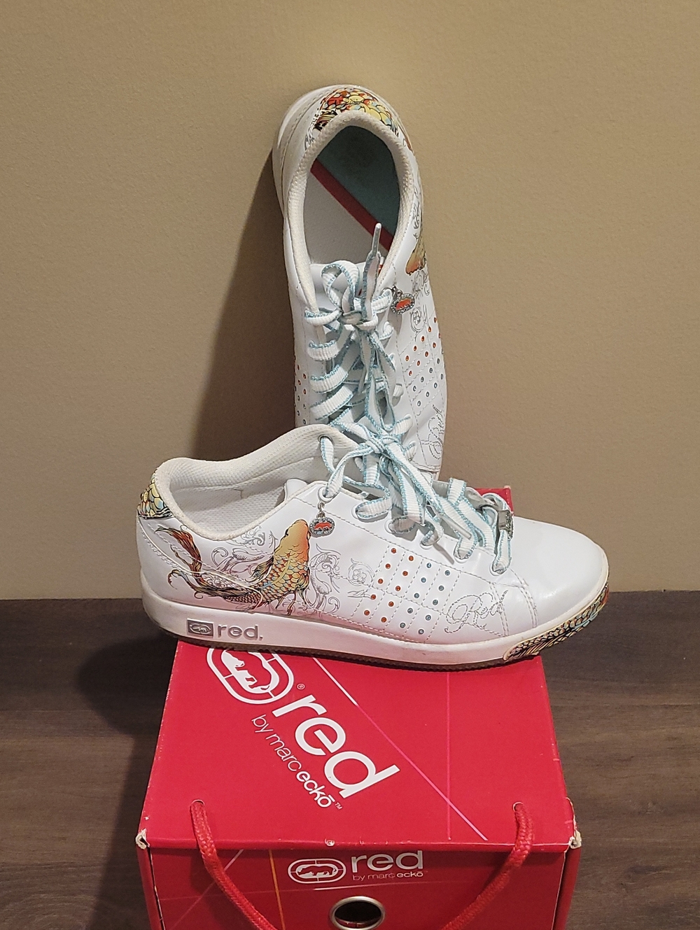 Marc Ecko White Sneakers with Multicolor Fish & Floral Accents